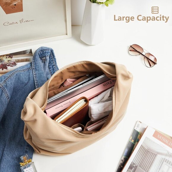 Vintage 15L Hobo Bag Faux Suede Tote Zipper Work Bag Vegan Leather Shoulder Stra - Picture 7 of 7